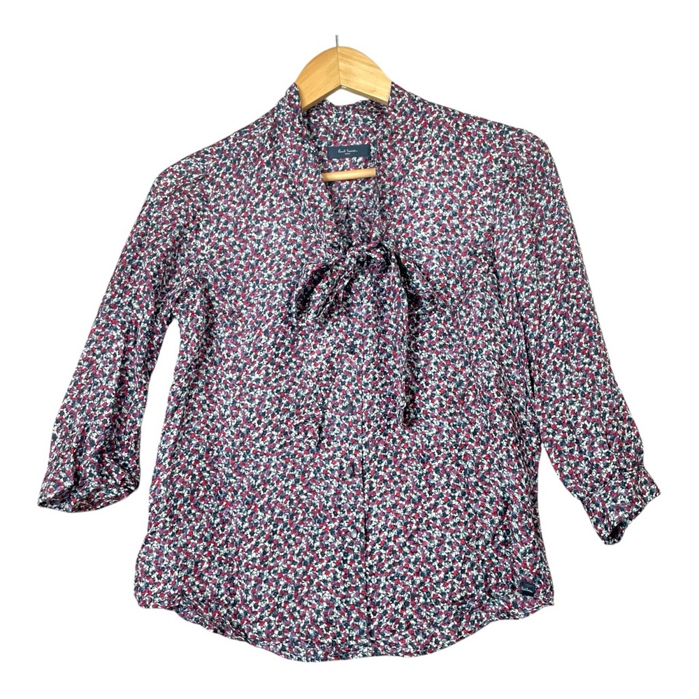 Paul Smith Women Blouse Black Floral Tunic Top 100% silk Bow Tie Size 40 EUC - Picture 1 of 12